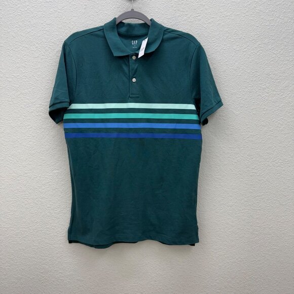 Gap Chest Stripe Teal 100% Cotton Short Sleeve Polo Shirt Mens size Medium NEW - Picture 1 of 8